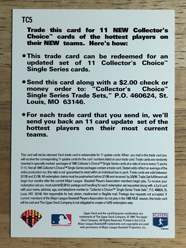 1995 Collector's Choice Trade Cards #TC5 Fernando Valenzuela