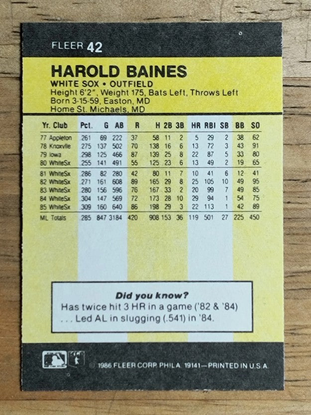 1986 Fleer Mini #42 Harold Baines