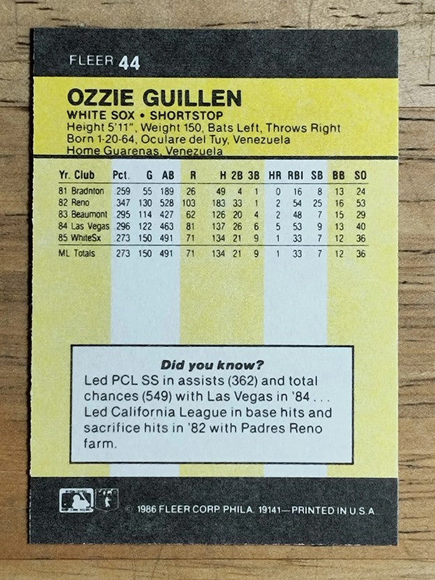 1986 Fleer Mini #44 Ozzie Guillen