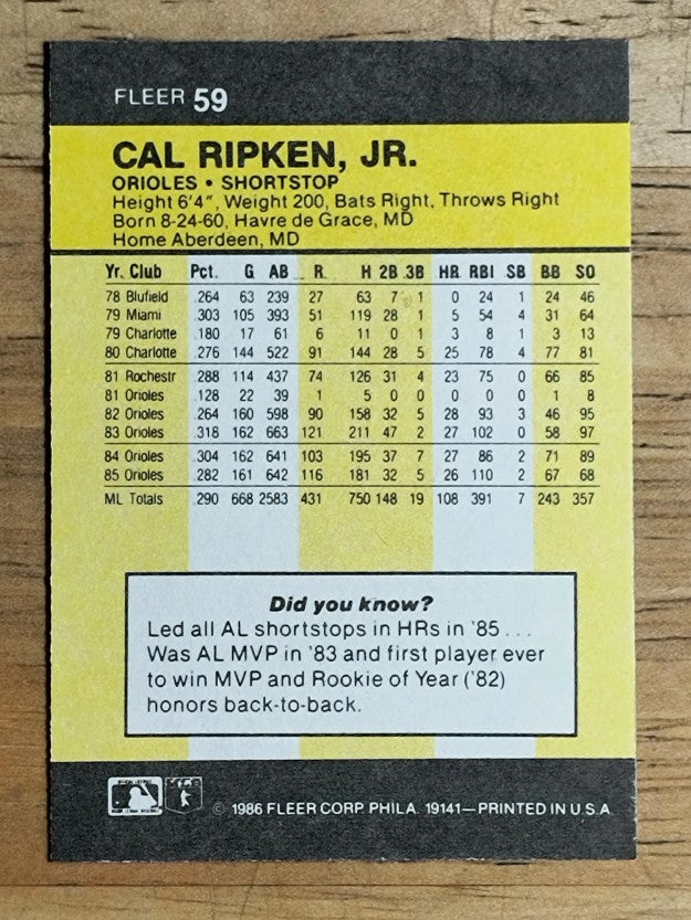 1986 Fleer Mini #59 Cal Ripken