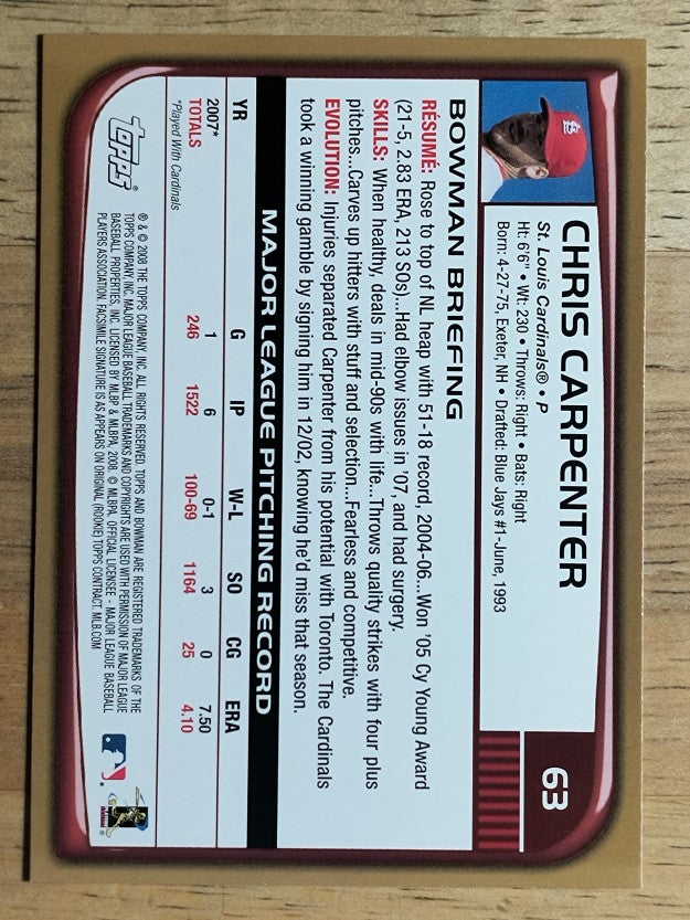 2008 Bowman Gold #63 Chris Carpenter