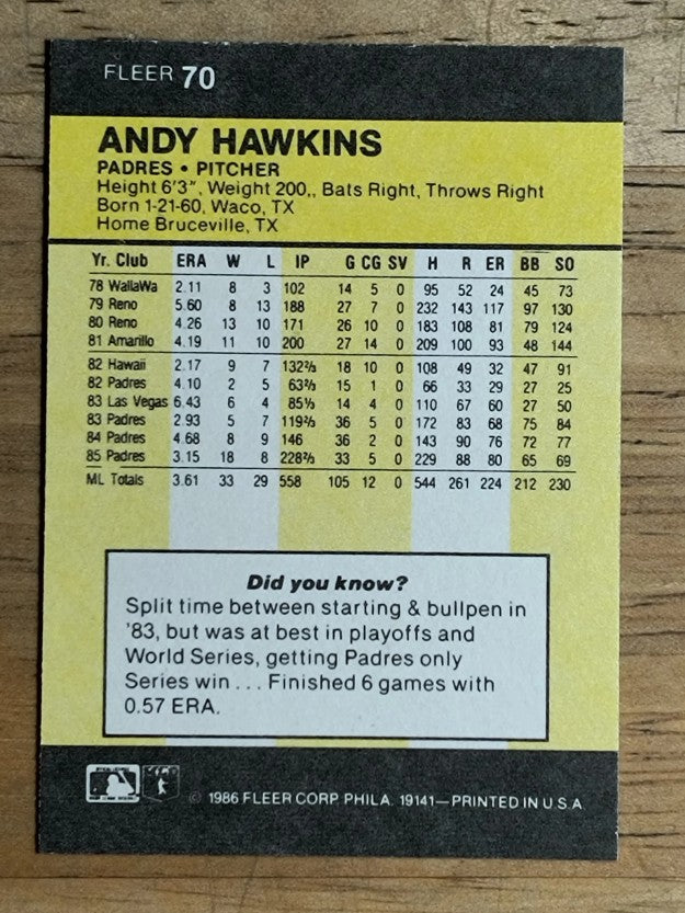 1986 Fleer Mini #70 Andy Hawkins