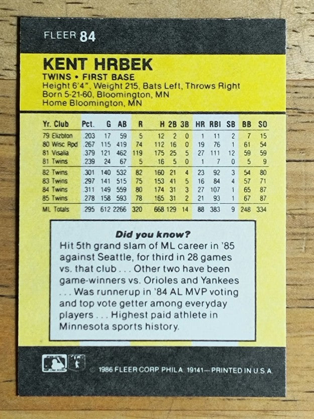 1986 Fleer Mini #84 Kent Hrbek