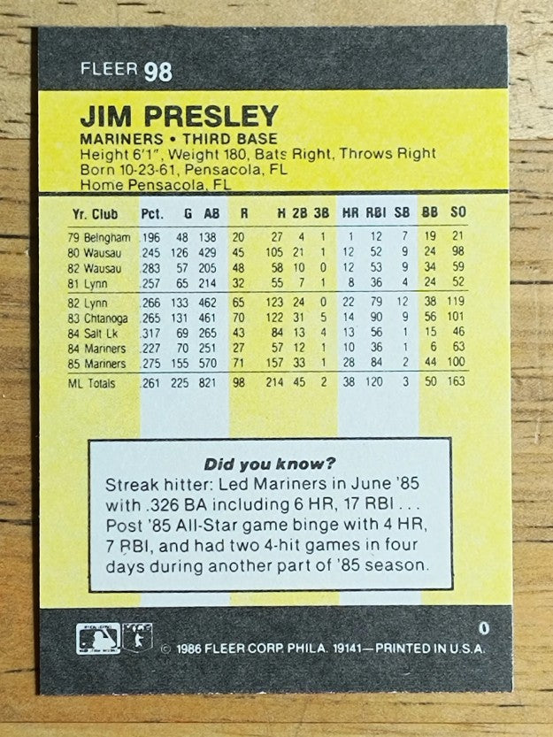 1986 Fleer Mini #98 Jim Presley