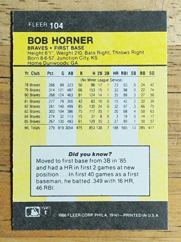 1986 Fleer Mini #104 Bob Horner