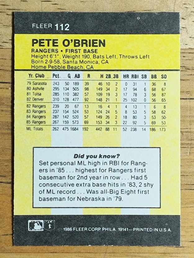 1986 Fleer Mini #112 Pete O'Brien