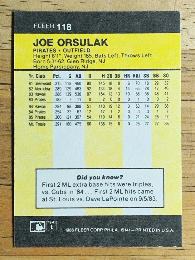 1986 Fleer Mini #118 Joe Orsulak