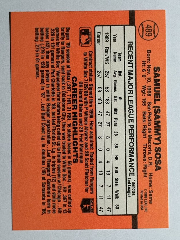 1990 Donruss #489 Sammy Sosa RC (NM)