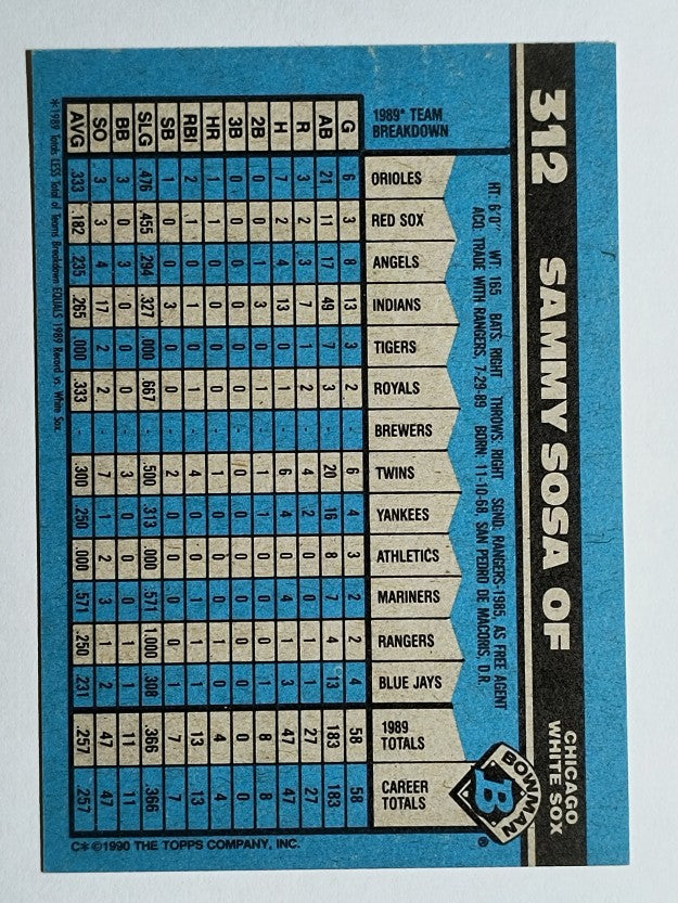 1990 Bowman #312 Sammy Sosa RC
