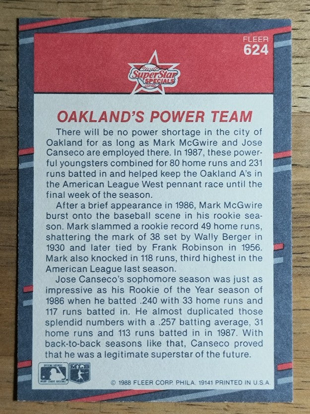1988 Fleer #624 Mark McGwire/Jose Canseco