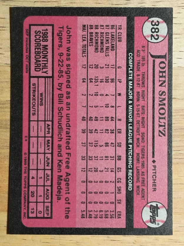 1989 Topps #382 John Smoltz RC