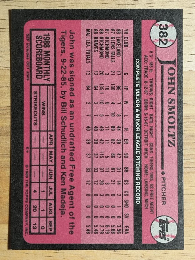 1989 Topps #382 John Smoltz RC