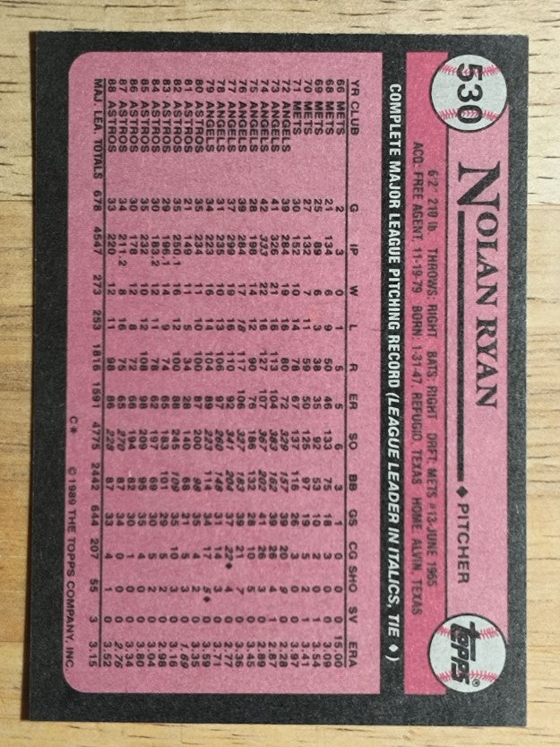 1989 Topps #530 Nolan Ryan