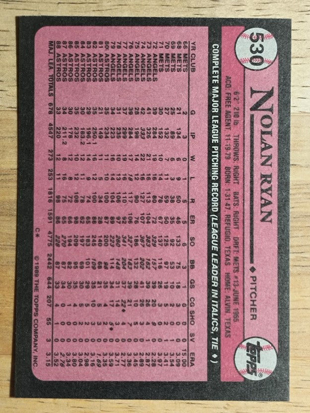 1989 Topps #530 Nolan Ryan