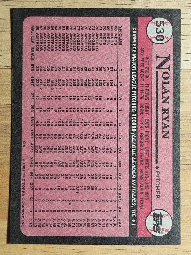 1989 Topps #530 Nolan Ryan