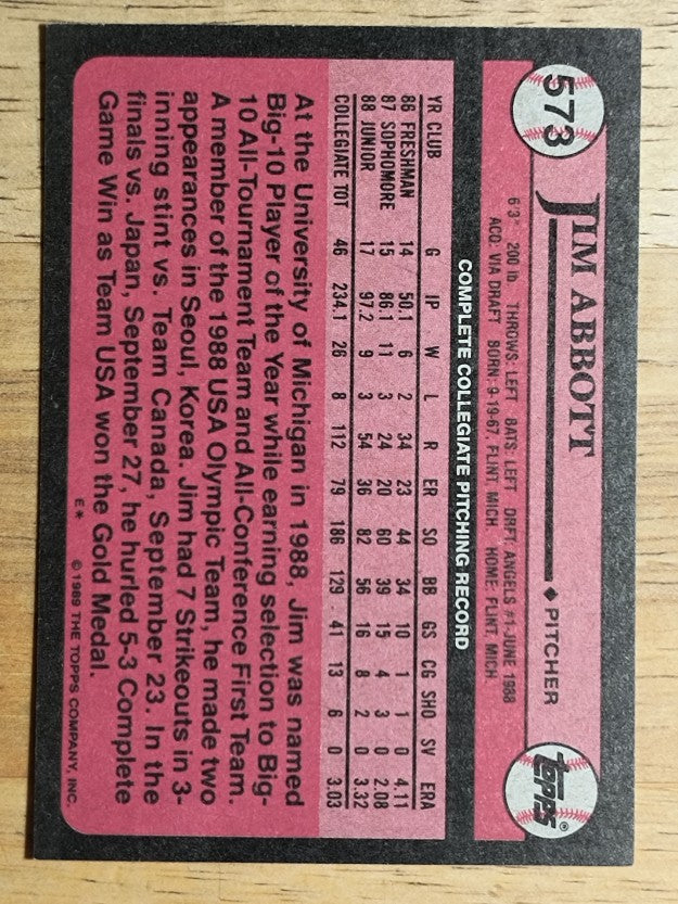 1989 Topps #573 Jim Abbott FDP RC