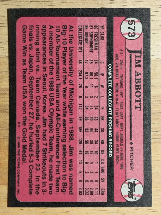 1989 Topps #573 Jim Abbott FDP RC