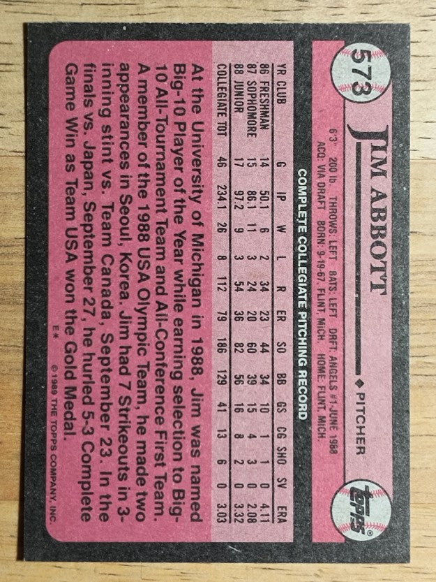 1989 Topps #573 Jim Abbott FDP RC