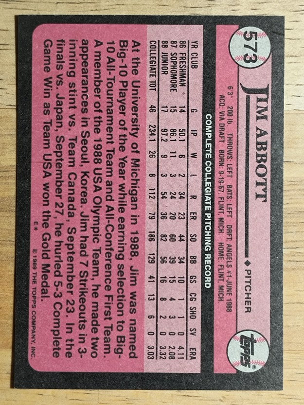 1989 Topps #573 Jim Abbott FDP RC