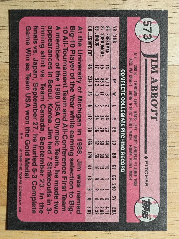 1989 Topps #573 Jim Abbott FDP RC