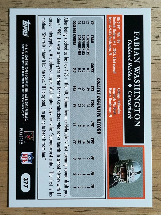 2005 Topps #377 Fabian Washington RC