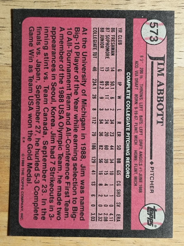1989 Topps #573 Jim Abbott FDP RC
