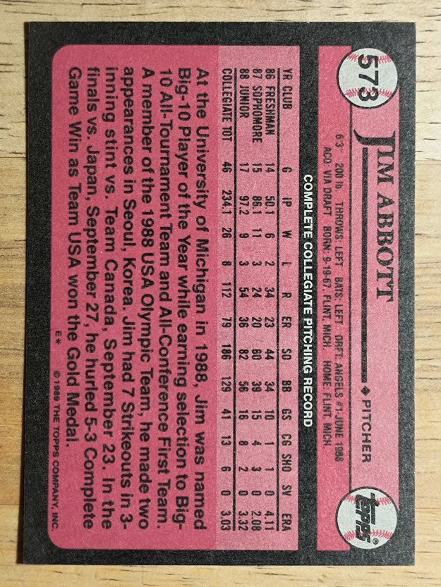 1989 Topps #573 Jim Abbott FDP RC