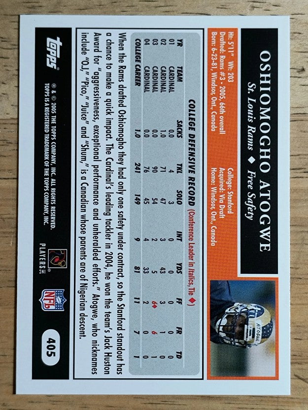 2005 Topps #405 Oshiomogho Atogwe RC