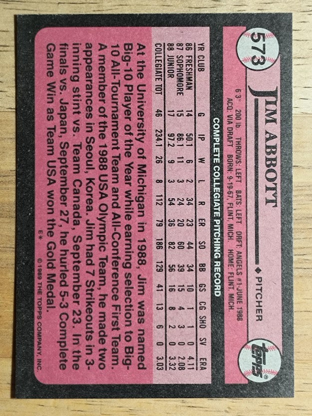 1989 Topps #573 Jim Abbott FDP RC