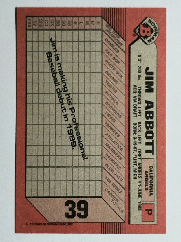 1989 Bowman #39 Jim Abbott RC