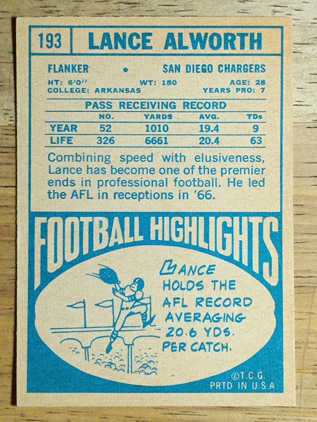 1968 Topps #193 Lance Alworth (EXMT)