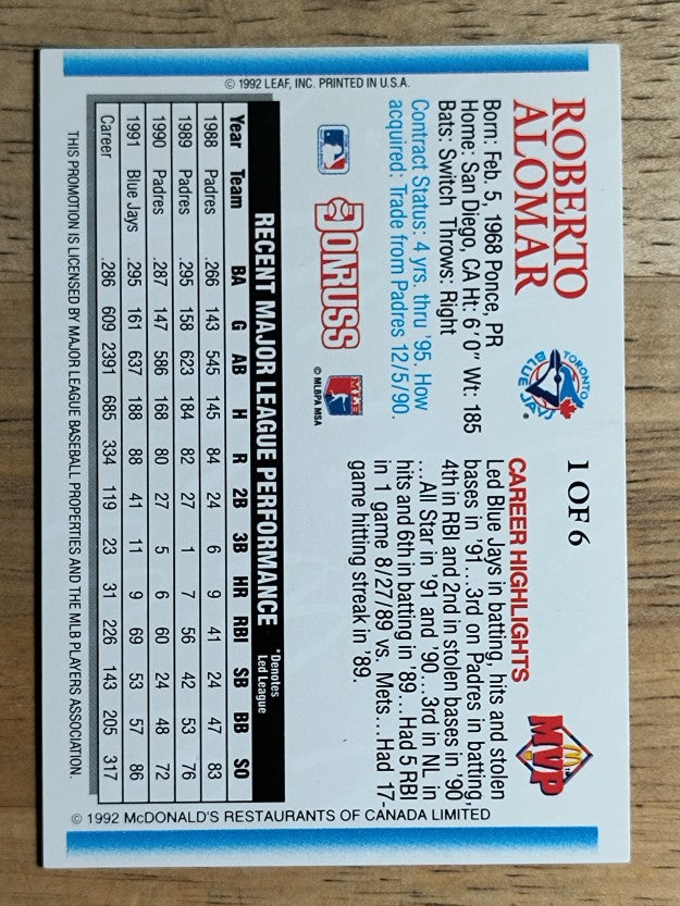 1992 Donruss McDonald's #G1 Roberto Alomar