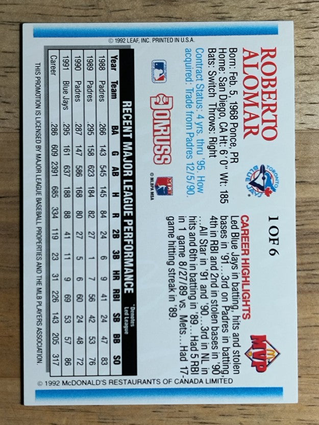 1992 Donruss McDonald's #G1 Roberto Alomar