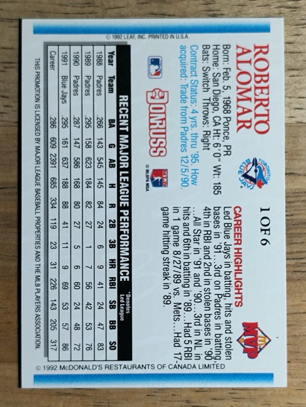 1992 Donruss McDonald's #G1 Roberto Alomar