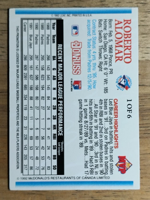 1992 Donruss McDonald's #G1 Roberto Alomar