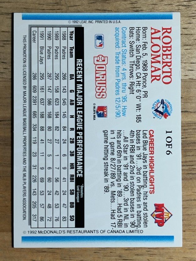 1992 Donruss McDonald's #G1 Roberto Alomar