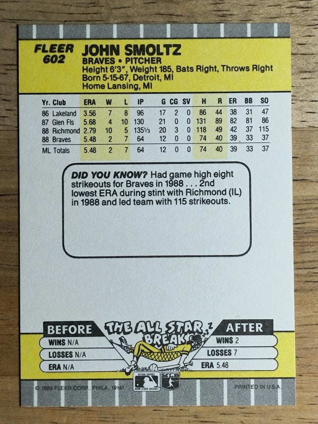 1989 Fleer #602 John Smoltz RC