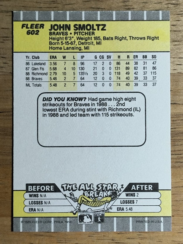 1989 Fleer #602 John Smoltz RC
