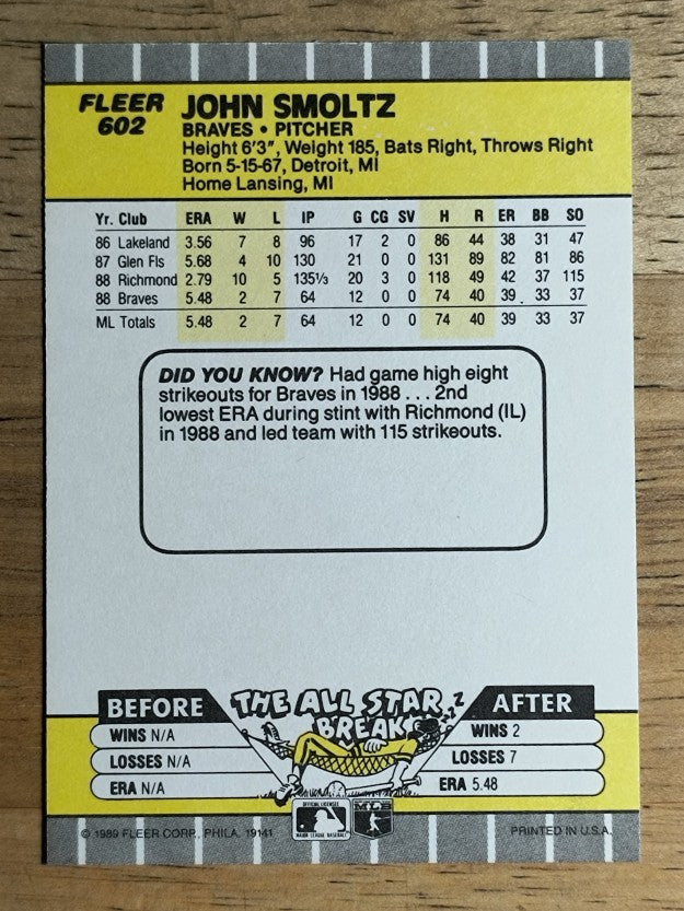 1989 Fleer #602 John Smoltz RC