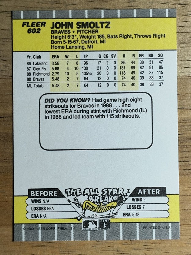 1989 Fleer #602 John Smoltz RC