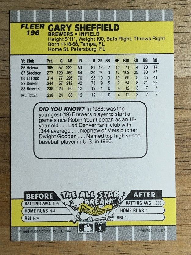 1989 Fleer #196 Gary Sheffield RC