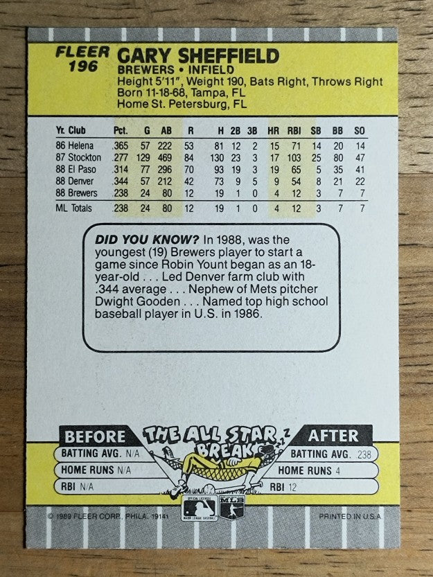 1989 Fleer #196 Gary Sheffield RC