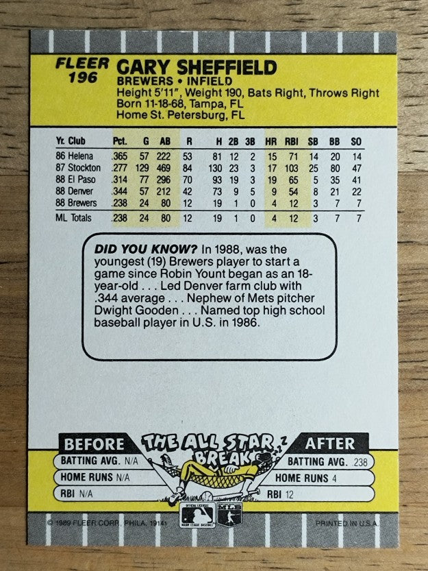 1989 Fleer #196 Gary Sheffield RC
