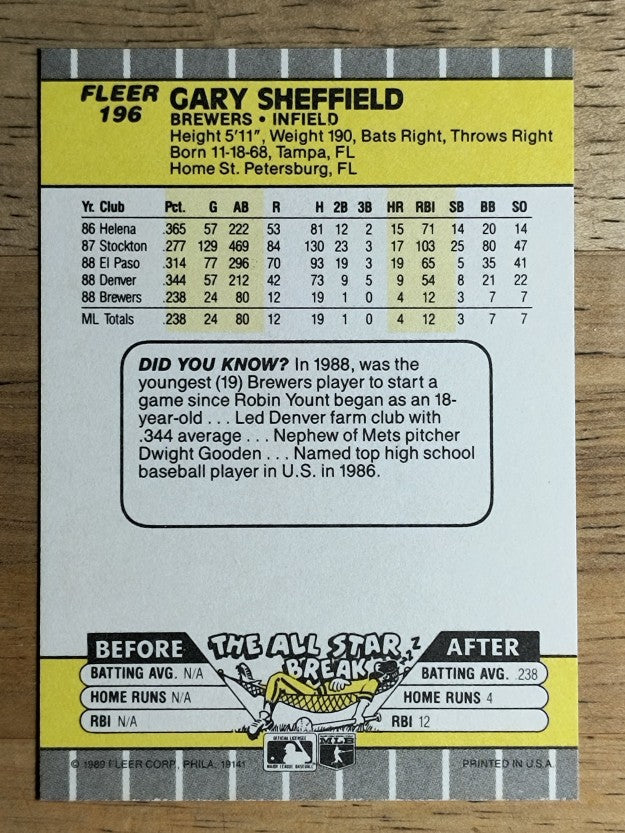 1989 Fleer #196 Gary Sheffield RC