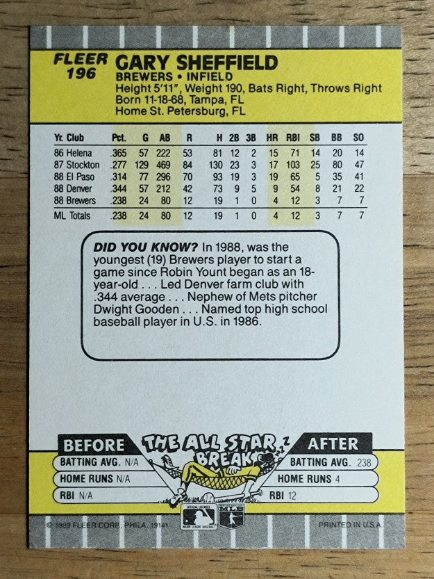 1989 Fleer #196 Gary Sheffield RC