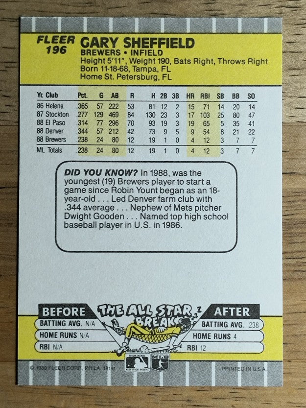 1989 Fleer #196 Gary Sheffield RC