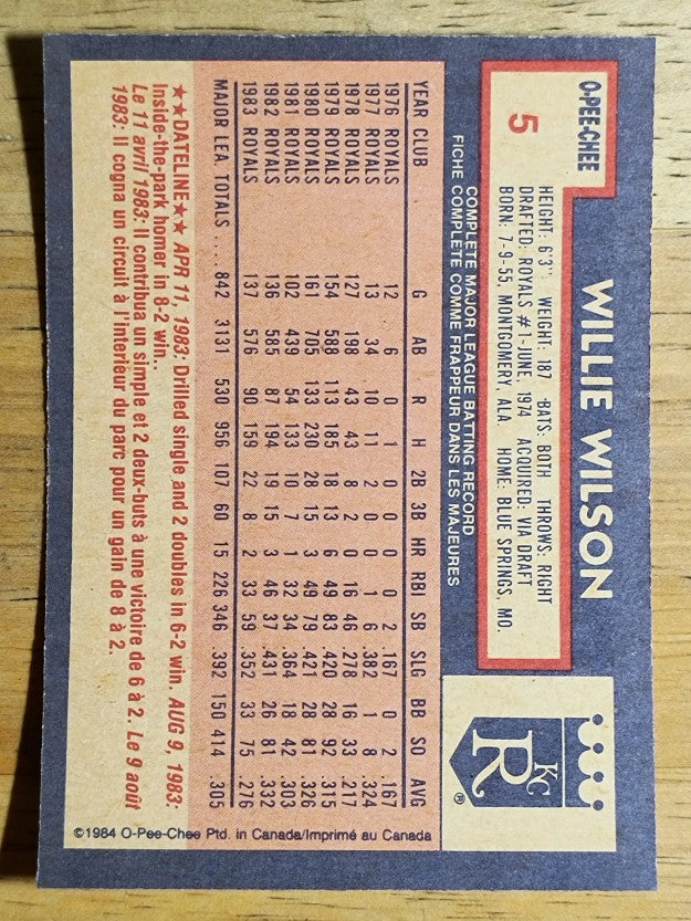 1984 O-Pee-Chee #5 Willie Wilson