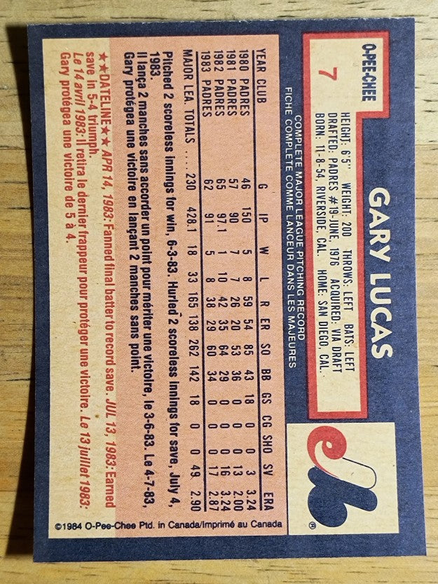 1984 O-Pee-Chee #7 Gary Lucas