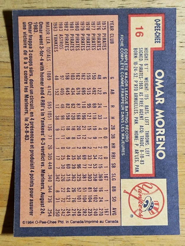 1984 O-Pee-Chee #16 Omar Moreno