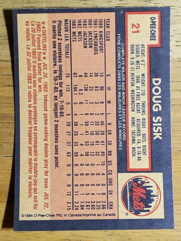 1984 O-Pee-Chee #21 Doug Sisk